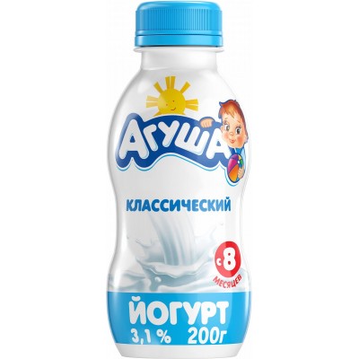 Йогурт питьевой Агуша натуральный 3.1% с 8 мес, 200гр